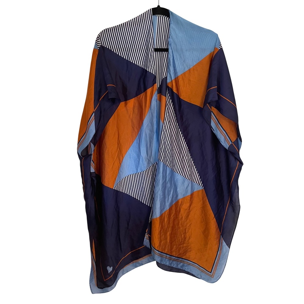 Jessica McClintock Geometric Colorblock Kimono Wrap Navy Orange Blue Striped